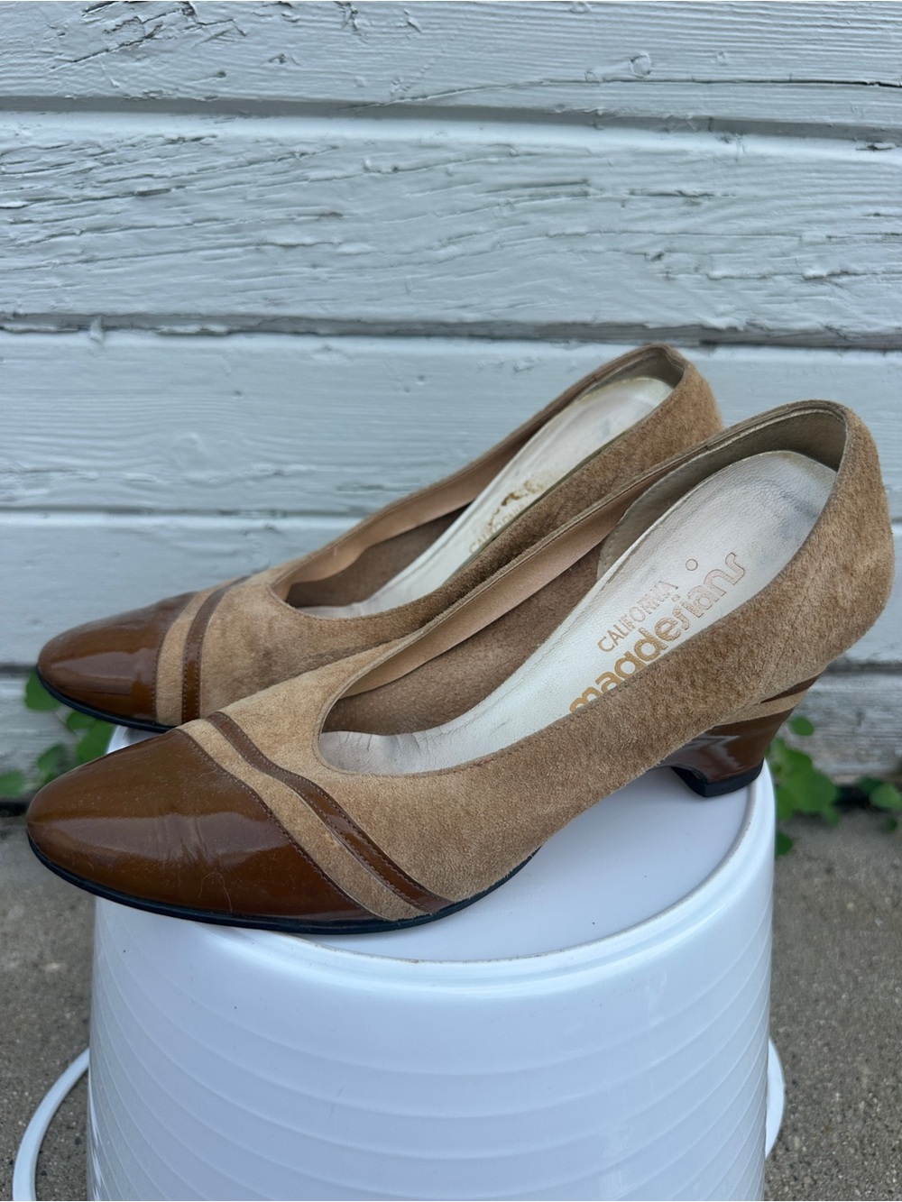 Vintage Magdesians Tan Suede and Brown Patent Low Heel Pumps